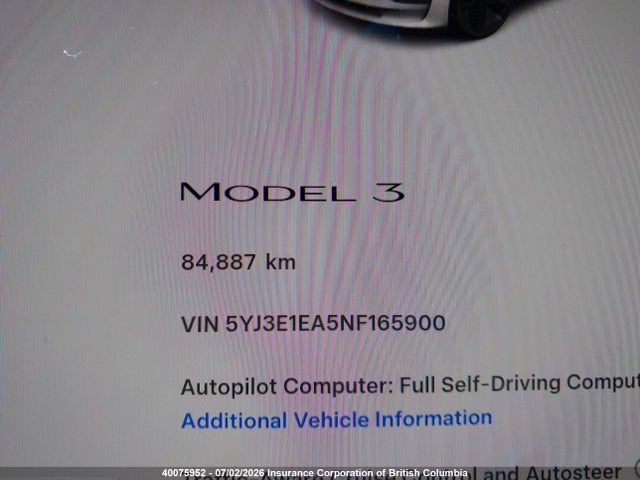40075952 :رقم المزاد ، 5YJ3E1EA5NF165900 vin ، 2022 Tesla Model 3 مزاد بيع