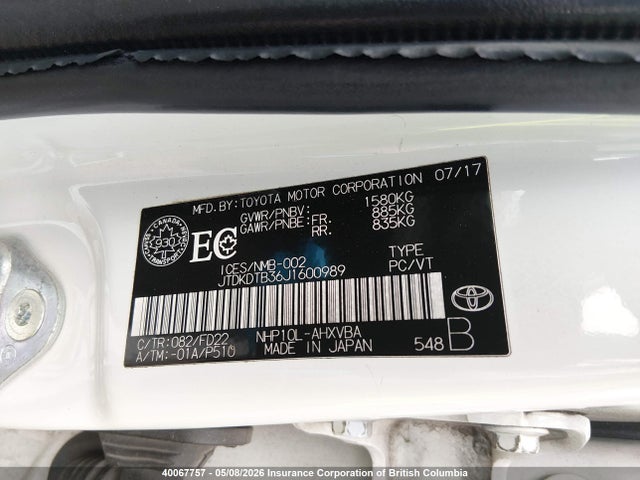 2018 Toyota Prius C მანქანა იყიდება აუქციონზე, vin: JTDKDTB36J1600989, აუქციონის ნომერი: 40067757