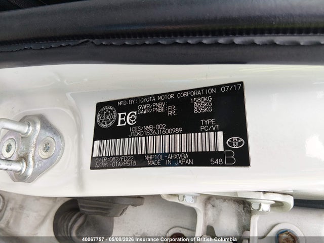 2018 Toyota Prius C მანქანა იყიდება აუქციონზე, vin: JTDKDTB36J1600989, აუქციონის ნომერი: 40067757