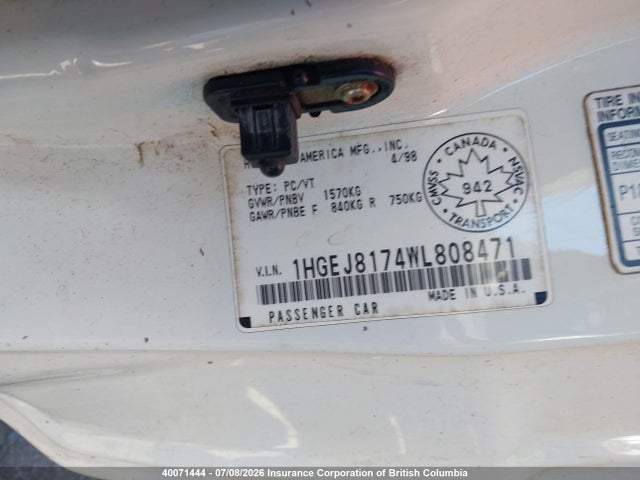 Aukcja sprzedaży 1998 Honda Civic Si Si, vin: 1HGEJ8174WL808471, numer aukcji: 40071444