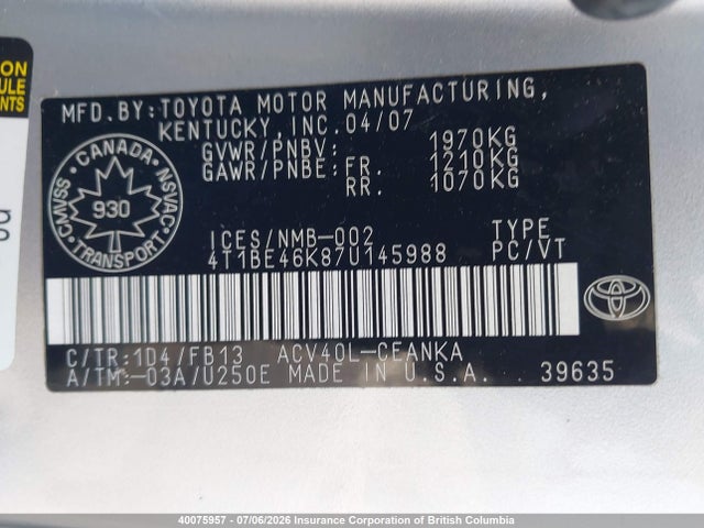 2007 Toyota Camry მანქანა იყიდება აუქციონზე, vin: 4T1BE46K87U145988, აუქციონის ნომერი: 40075957