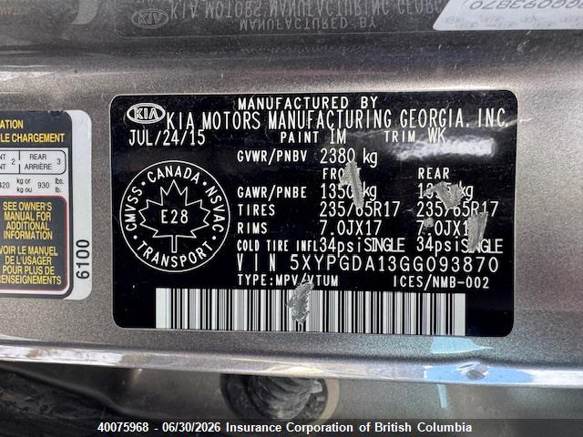 40075968 :رقم المزاد ، 5XYPGDA13GG093870 vin ، 2016 Kia Sorento Lx/l مزاد بيع