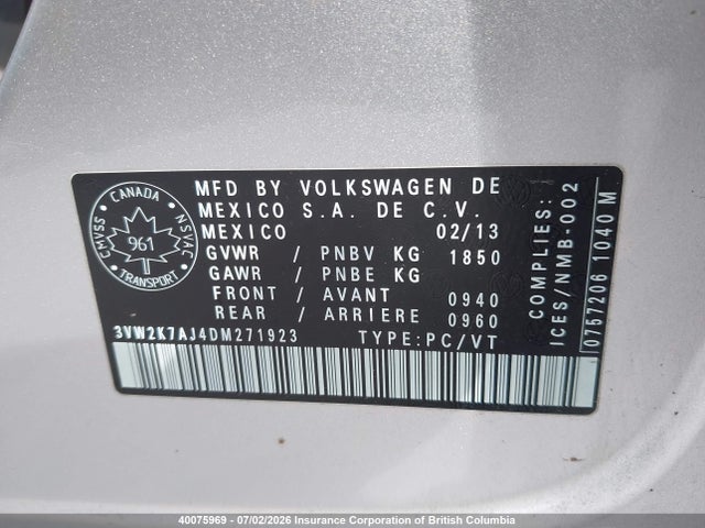 Продажа на аукционе авто 2013 Volkswagen Jetta, vin: 3VW2K7AJ4DM271923, номер лота: 40075969