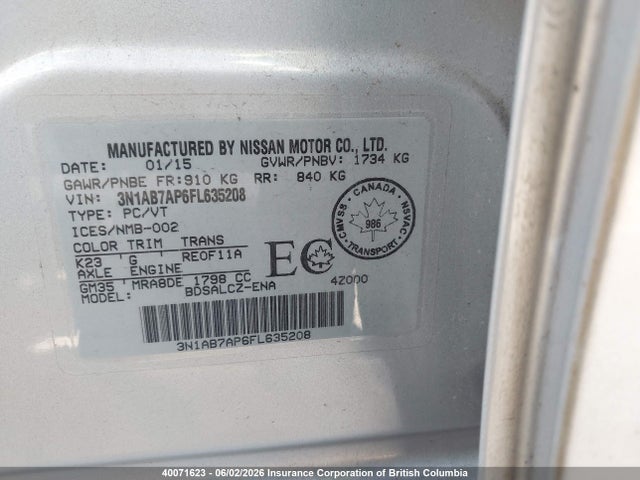 3N1AB7AP6FL635208 Nissan Sentra S/sv/sr/sl