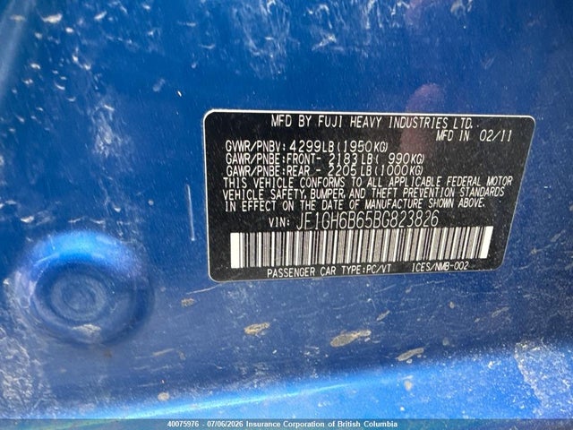 40075976 :رقم المزاد ، JF1GH6B65BG823826 vin ، 2011 Subaru Impreza 2.5i Premium مزاد بيع