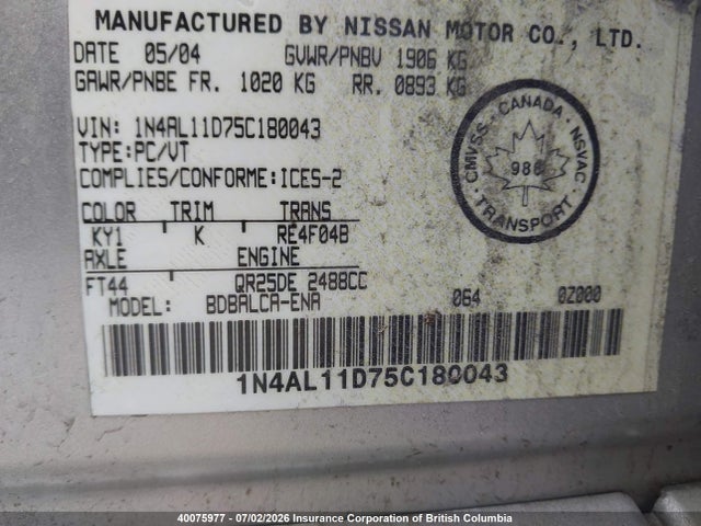 Aukcja sprzedaży 2005 Nissan Altima S/sl, vin: 1N4AL11D75C180043, numer aukcji: 40075977