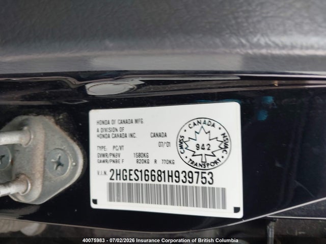 Продаж на аукціоні авто 2001 Honda Civic, vin: 2HGES16681H939753, номер лоту: 40075983