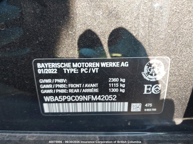 40075986 :رقم المزاد ، WBA5P9C09NFM42052 vin ، 2022 Bmw 330e مزاد بيع
