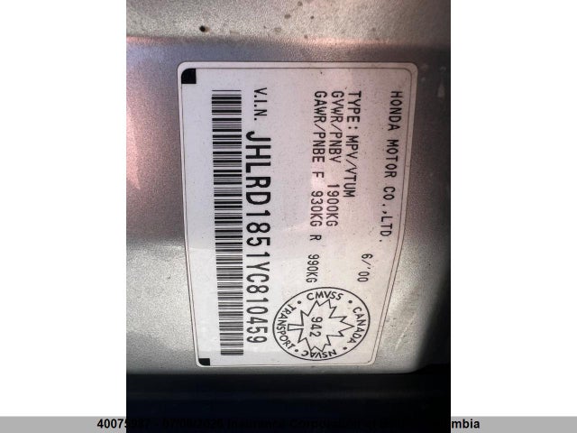 Продаж на аукціоні авто 2000 Honda Cr-v, vin: JHLRD1851YC810459, номер лоту: 40075987