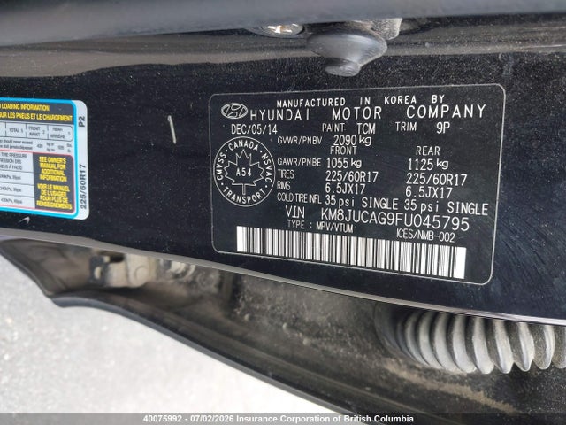 40075992 :رقم المزاد ، KM8JUCAG9FU045795 vin ، 2015 Hyundai Tucson Limited/se مزاد بيع