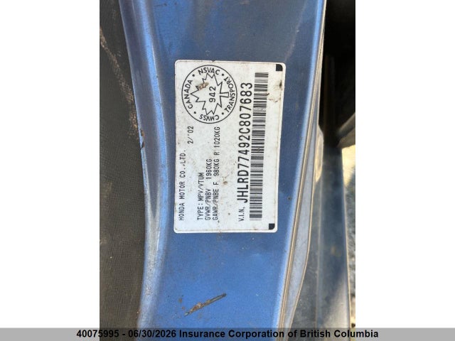 Продаж на аукціоні авто 2002 Honda Cr-v, vin: JHLRD77492C807683, номер лоту: 40075995