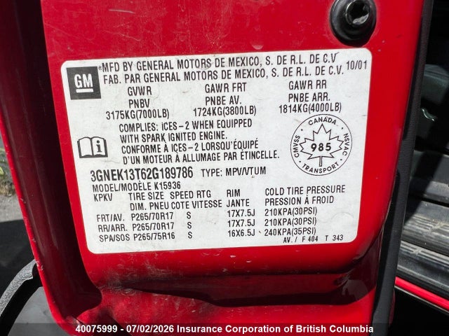 Aukcja sprzedaży 2002 Chevrolet Avalanche K1500, vin: 3GNEK13T62G189786, numer aukcji: 40075999