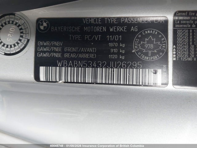 40045748 :رقم المزاد ، WBABN53432JU26295 vin ، 2002 Bmw 330 Ci مزاد بيع
