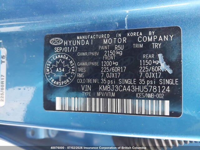 KM8J3CA43HU578124 Hyundai Tucson Limited/sport And Eco/se