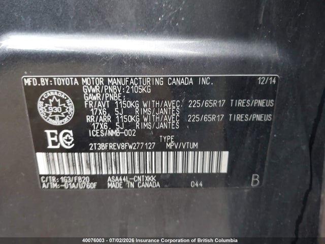 2015 Toyota Rav4 მანქანა იყიდება აუქციონზე, vin: 2T3BFREV8FW277127, აუქციონის ნომერი: 40076003