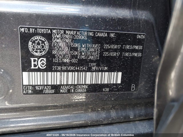 2024 Toyota Rav4 Xle/xle Premium მანქანა იყიდება აუქციონზე, vin: 2T3R1RFV0RC442542, აუქციონის ნომერი: 40073320