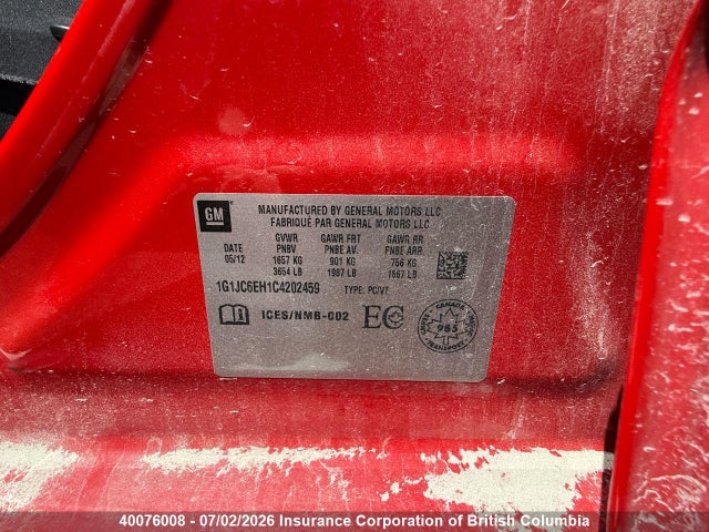 40076008 :رقم المزاد ، 1G1JC6EH1C4202459 vin ، 2012 Chevrolet Sonic مزاد بيع