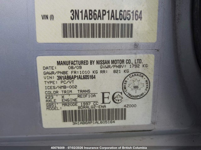 Aukcja sprzedaży 2010 Nissan Sentra 2.0/2.0s/sr/2.0sl, vin: 3N1AB6AP1AL605164, numer aukcji: 40076009