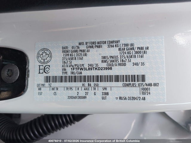 Auction sale of the 2026 Ford F150, vin: 1FTFW3L89TKD23998, lot number: 40076010