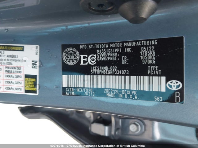 Продажа на аукционе авто 2022 Toyota Corolla Le/xle, vin: 5YFBPMBE8NP334973, номер лота: 40076015