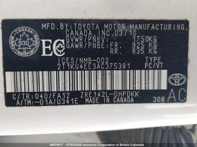 2010 Toyota Corolla Matrix მანქანა იყიდება აუქციონზე, vin: 2T1KU4EE3AC375381, აუქციონის ნომერი: 40076017