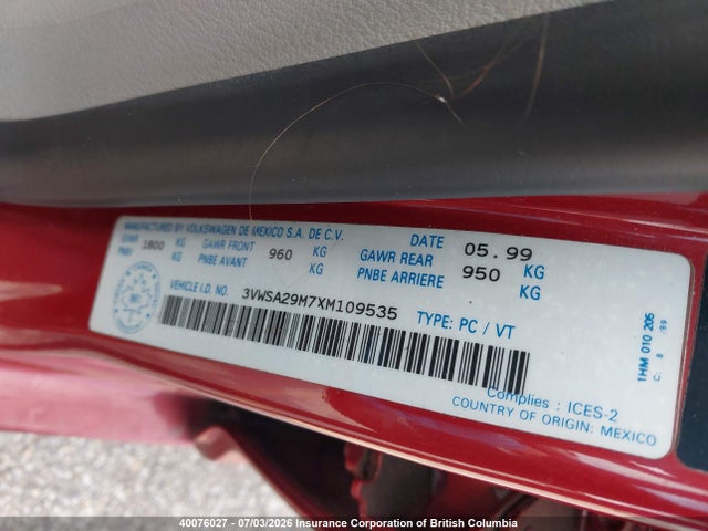 40076027 :رقم المزاد ، 3VWSA29M7XM109535 vin ، 1999 Volkswagen Jetta مزاد بيع