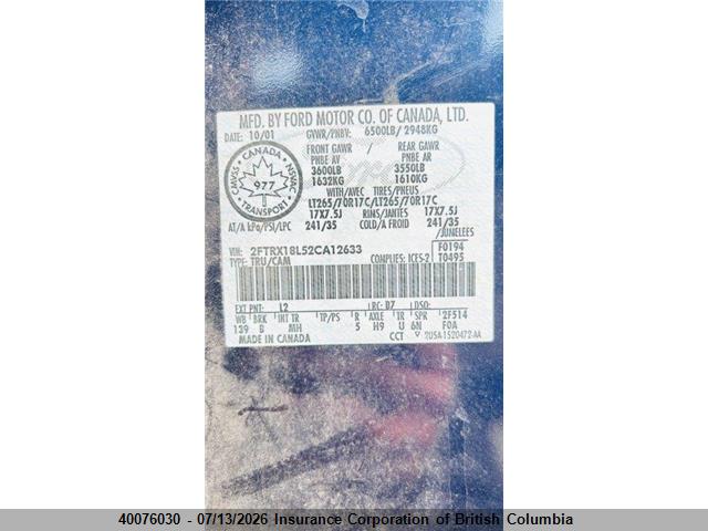 40076030 :رقم المزاد ، 2FTRX18L52CA12633 vin ، 2002 Ford F150 مزاد بيع