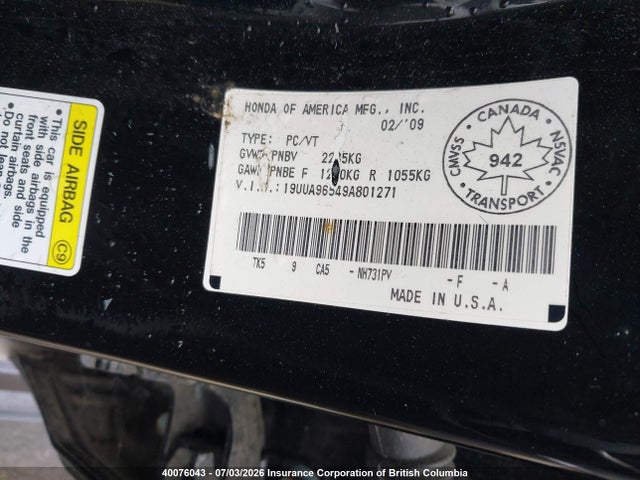 Aukcja sprzedaży 2009 Acura Tl, vin: 19UUA96549A801271, numer aukcji: 40076043