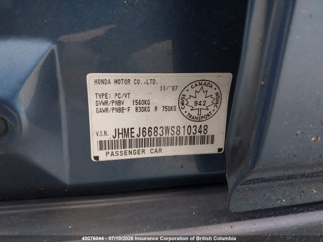 Продаж на аукціоні авто 1998 Honda Civic, vin: JHMEJ6683WS810348, номер лоту: 40076044