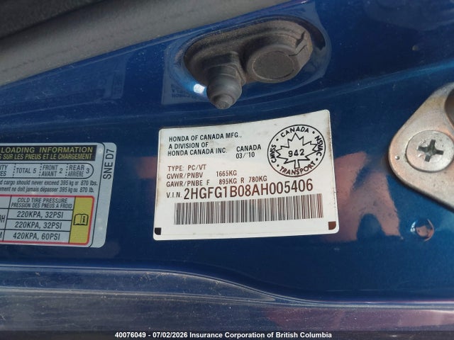 Продаж на аукціоні авто 2010 Honda Civic, vin: 2HGFG1B08AH005406, номер лоту: 40076049
