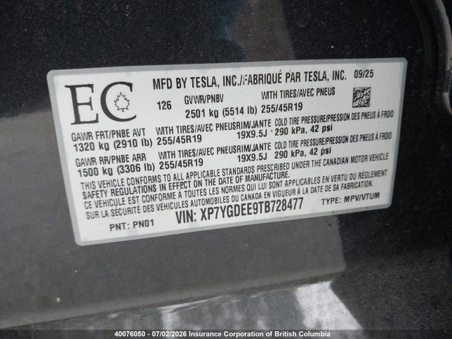 Aukcja sprzedaży 2026 Tesla Model Y, vin: XP7YGDEE9TB728477, numer aukcji: 40076050