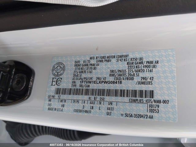 40073353 :رقم المزاد ، 1FTVW1ELXPWG08418 vin ، 2023 Ford F150 Lightning Pro/lightning Xlt/lightning Lariat مزاد بيع