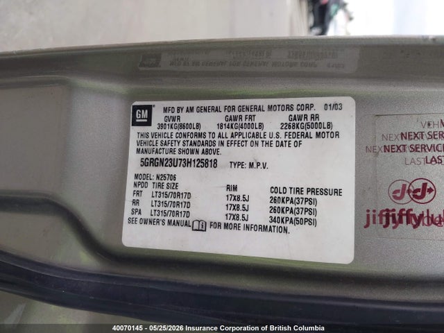 Продажа на аукционе авто 2003 Hummer H2, vin: 5GRGN23U73H125818, номер лота: 40070145