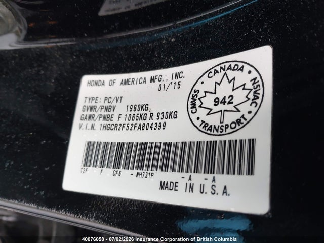 2015 Honda Accord Sport მანქანა იყიდება აუქციონზე, vin: 1HGCR2F52FA804399, აუქციონის ნომერი: 40076058