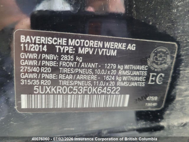 Продажа на аукционе авто 2015 Bmw X5, vin: 5UXKR0C53F0K64522, номер лота: 40076060