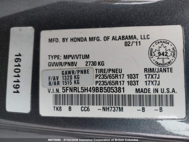 Продаж на аукціоні авто 2011 Honda Odyssey Ex, vin: 5FNRL5H49BB505381, номер лоту: 40076068