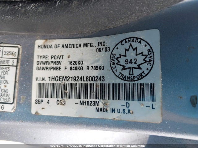 Продаж на аукціоні авто 2004 Honda Civic, vin: 1HGEM21924L800243, номер лоту: 40076074