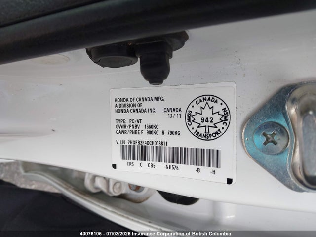 Aukcja sprzedaży 2012 Honda Civic, vin: 2HGFB2F4XCH018811, numer aukcji: 40076105