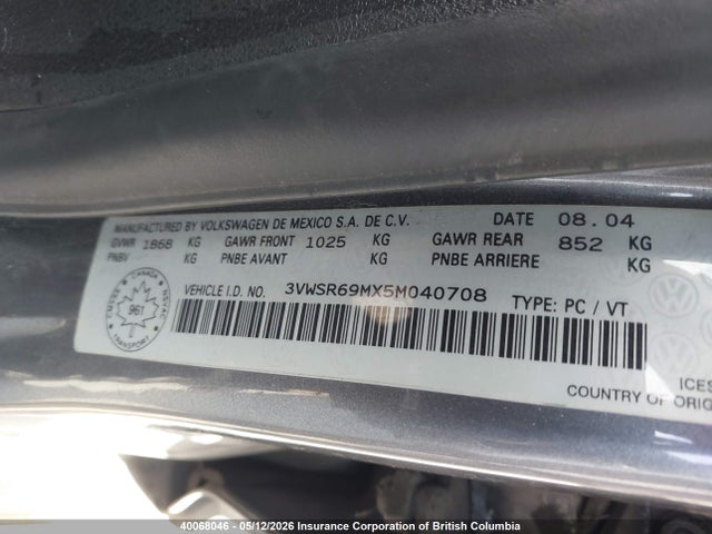 2005 Volkswagen Jetta Gls Tdi მანქანა იყიდება აუქციონზე, vin: 3VWSR69MX5M040708, აუქციონის ნომერი: 40068046
