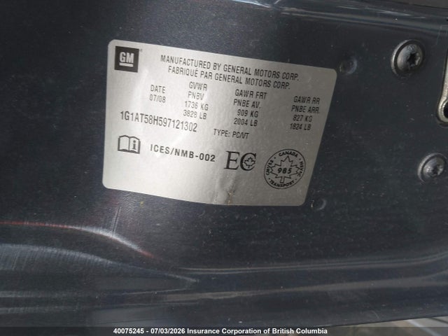 Aukcja sprzedaży 2009 Chevrolet Cobalt Lt, vin: 1G1AT58H597121302, numer aukcji: 40075245