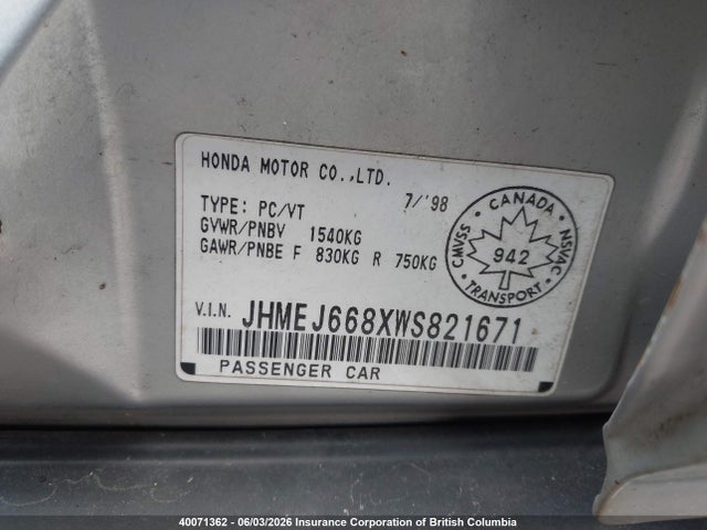 Aukcja sprzedaży 1998 Honda Civic Ex, vin: JHMEJ668XWS821671, numer aukcji: 40071362