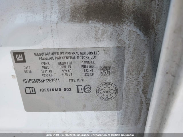 40076119 :رقم المزاد ، 1G1PC5SB8F7251911 vin ، 2015 Chevrolet Cruze مزاد بيع
