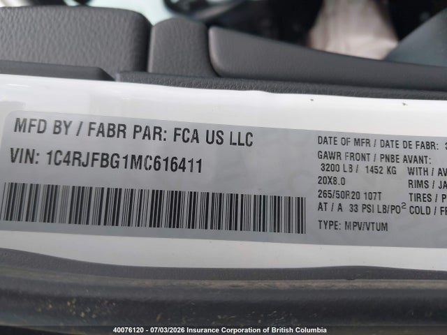 Продаж на аукціоні авто 2021 Jeep Grand Cherokee Limited, vin: 1C4RJFBG1MC616411, номер лоту: 40076120