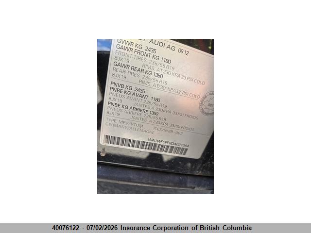 Aukcja sprzedaży 2013 Audi Q5, vin: WA1WFCFP8DA021364, numer aukcji: 40076122