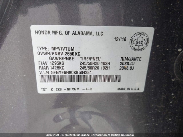 Honda Pilot 2019 5FNYF6H90KB504284 Image 9