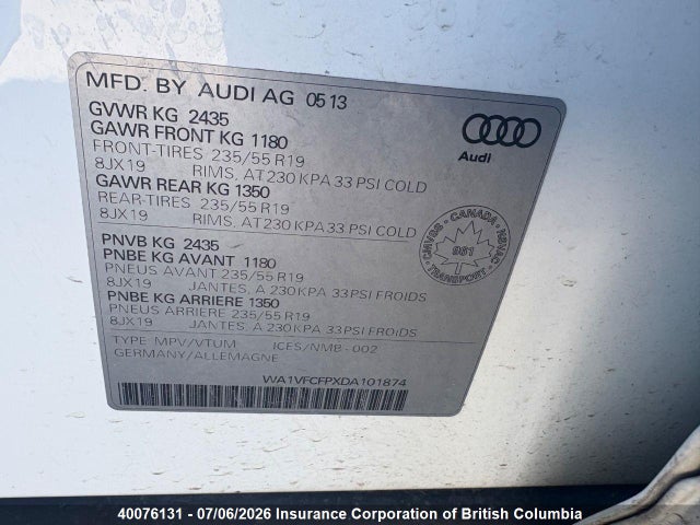 Aukcja sprzedaży 2013 Audi Q5, vin: WA1VFCFPXDA101874, numer aukcji: 40076131
