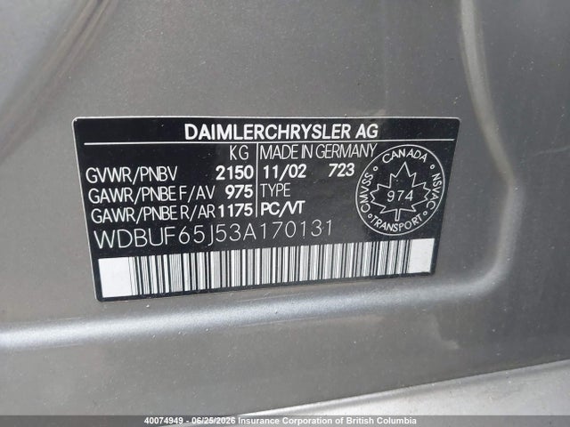 40074949 :رقم المزاد ، WDBUF65J53A170131 vin ، 2003 Mercedes-benz E 320 مزاد بيع