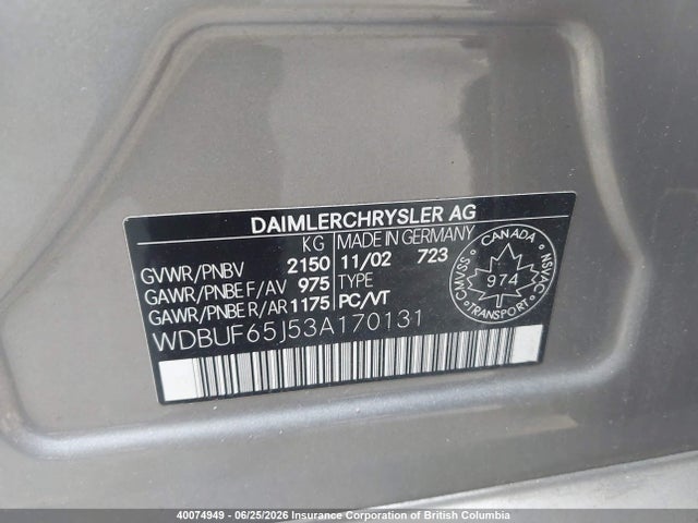 40074949 :رقم المزاد ، WDBUF65J53A170131 vin ، 2003 Mercedes-benz E 320 مزاد بيع