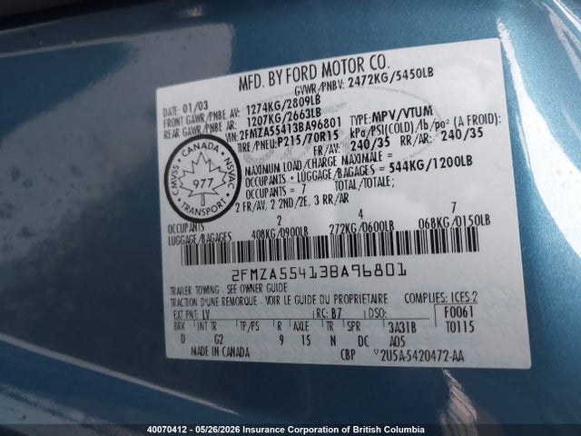 40070412 :رقم المزاد ، 2FMZA55413BA96801 vin ، 2003 Ford Windstar Lx مزاد بيع