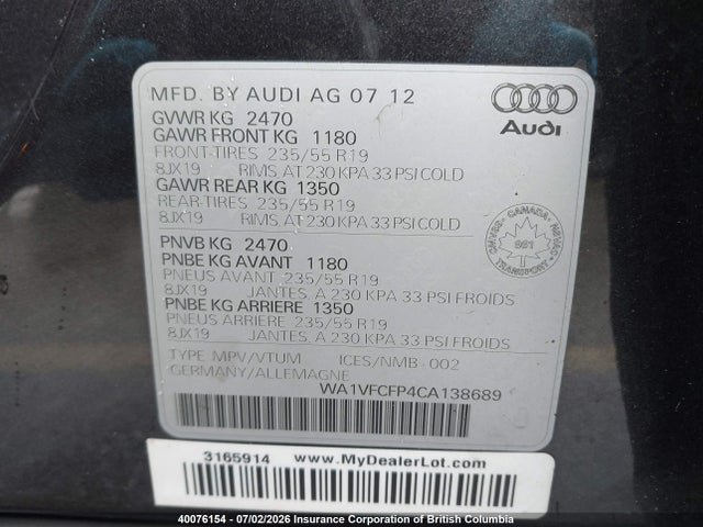 Продажа на аукционе авто 2012 Audi Q5, vin: WA1VFCFP4CA138689, номер лота: 40076154